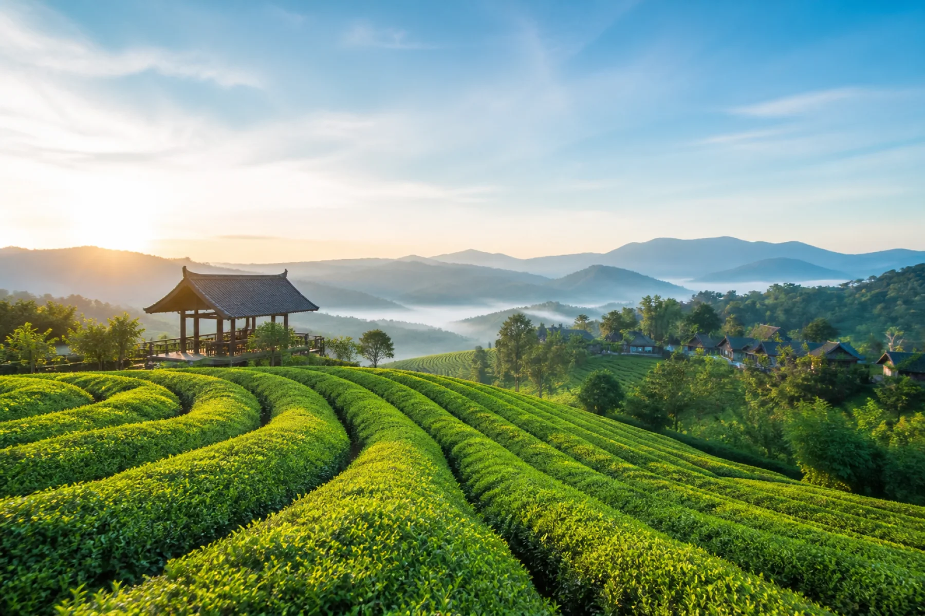 ไร่ชาและทิวเขาในยามเช้า